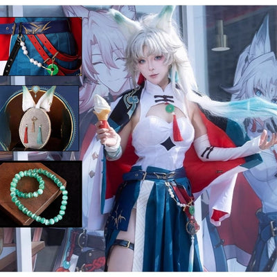 Monenjoy 崩壊スターレイル KFCコラボ 椒丘 飛霄 コスプレ衣装 耳飾り+イヤリング+キャッツアイのブレスレット付 仙舟「曜青」の天撃将軍 コスプレ 衣装 イベント 金属製パーツ イベント 仮装 ハロウィン - Monenjoy