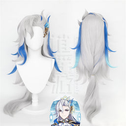 Monenjoy 原神(げんしん) ヌヴィレット 95cm ウィッグ 自然 ウィッグ ショート ういっぐ フルウィッグ 自然 つけ毛 ふんわり カール ライブ フルウィッグ お洒落 ファッション かつら - Monenjoy