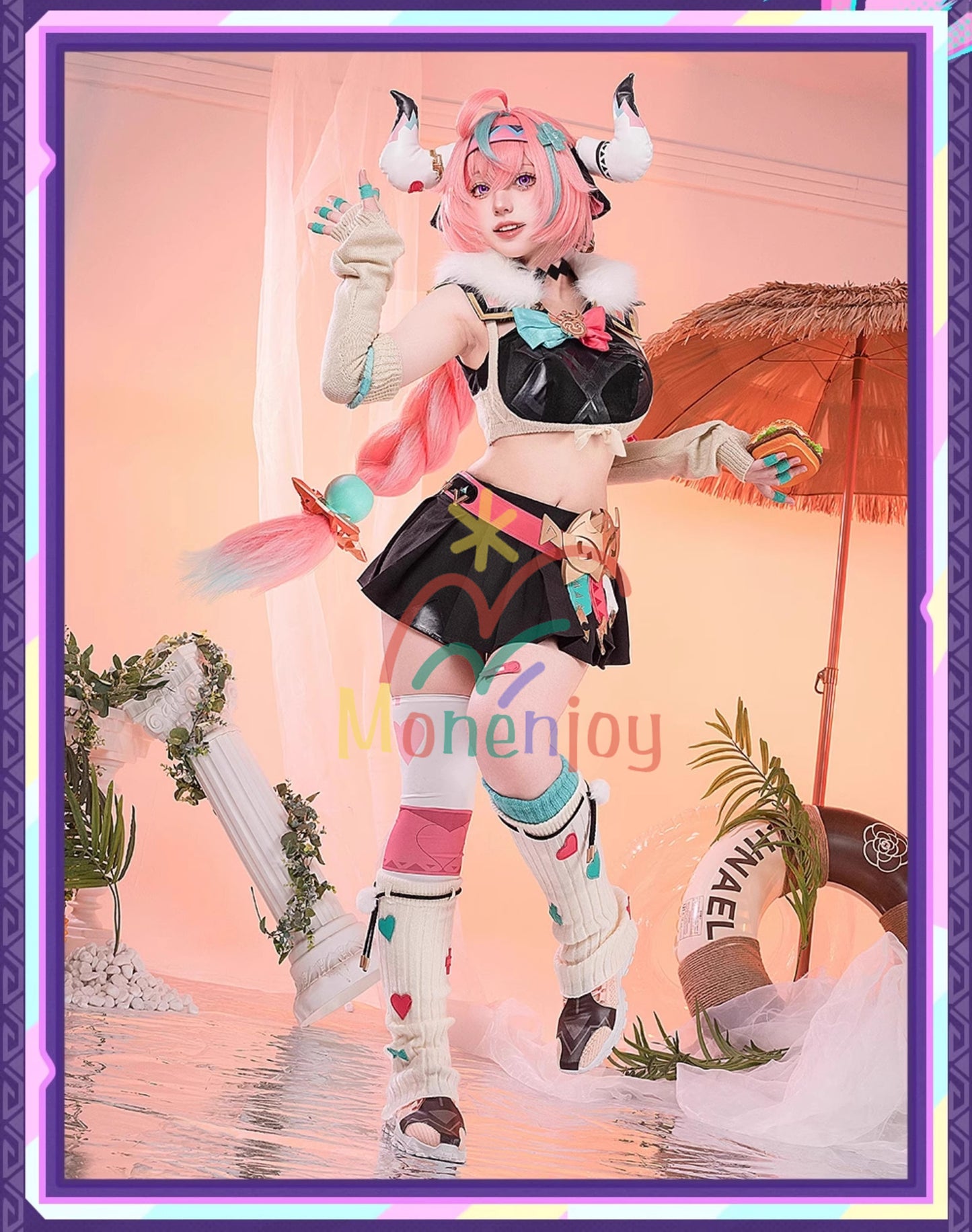 Monenjoy 原神 ヴァレサ コスプレ衣装 髪飾り+耳飾り付き コスチューム ニットアームガード マスク+角+尻尾付 腿カバー付 アクセサリー 豪華衣装 イベント 仮装 - Monenjoy
