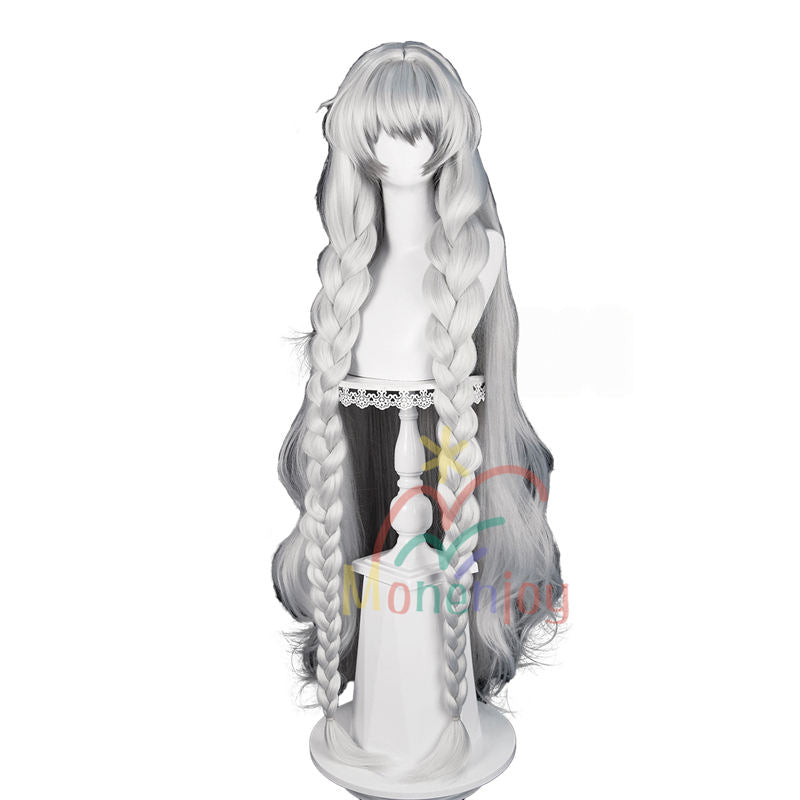 Monenjoy アークナイツ 聖聆プラマニクス 120cm ココスプレ ウィッグ ロングウィッグ 凛御シルバーアッシュ 鬘 コスチューム 耳飾り追加 ハロウィン クリスマス 学園祭