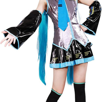 Monenjoy 初音ミク コスプレ衣装 グレー miku 公式コスチューム  ウィッグ付き 髪飾り ヘッドホン 合皮 レザー タトゥーシール 大人 歌姫 舞台服 コスチュームセット 可愛い おしゃれ