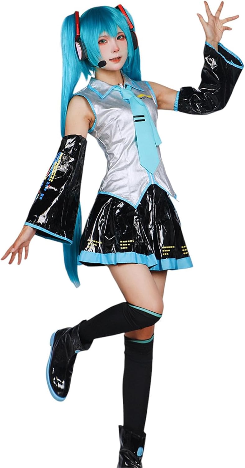 Monenjoy 初音ミク コスプレ衣装 グレー miku 公式コスチューム ウィッグ付き 髪飾り ヘッドホン 合皮 レザー タトゥーシール 大人 歌姫 舞台服 コスチュームセット 可愛い おしゃれ