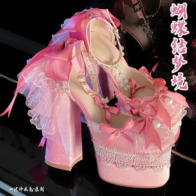 Monenjoy ピンク色 地雷系 ロリータ シューズ ブーツ 花嫁 底14cm 5.5cm ヒールパンプス かわいい アクセサリー「転売」