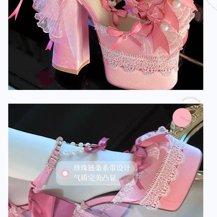 Monenjoy ピンク色 地雷系 ロリータ シューズ ブーツ 花嫁 底14cm 5.5cm ヒールパンプス かわいい アクセサリー「転売」