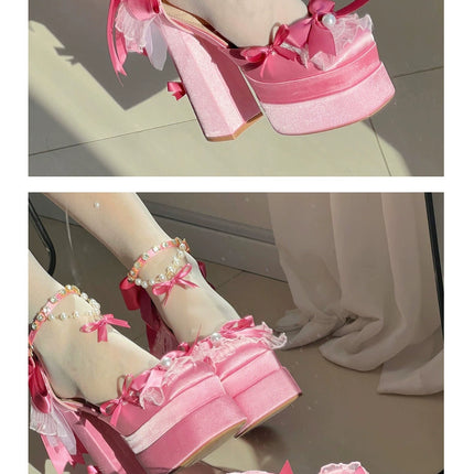 Monenjoy ピンク色 地雷系 ロリータ シューズ ブーツ 花嫁 底14cm 5.5cm ヒールパンプス かわいい アクセサリー「転売」