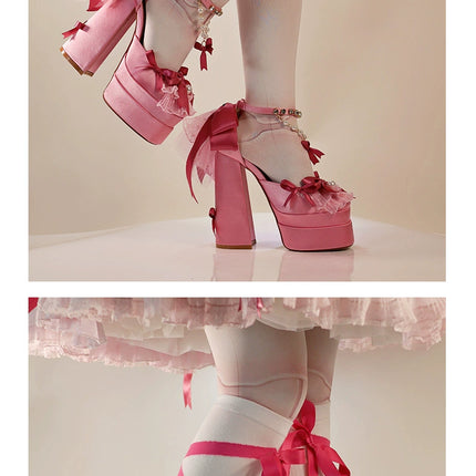 Monenjoy ピンク色 地雷系 ロリータ シューズ ブーツ 花嫁 底14cm 5.5cm ヒールパンプス かわいい アクセサリー「転売」