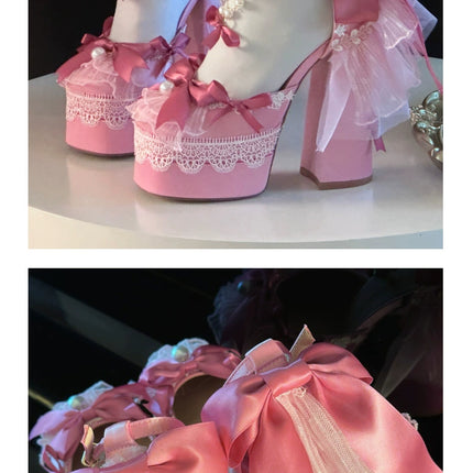 Monenjoy ピンク色 地雷系 ロリータ シューズ ブーツ 花嫁 底14cm 5.5cm ヒールパンプス かわいい アクセサリー「転売」