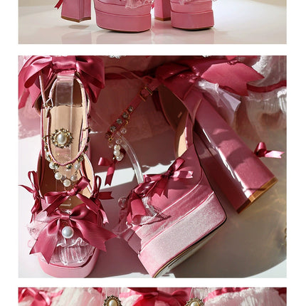 Monenjoy ピンク色 地雷系 ロリータ シューズ ブーツ 花嫁 底14cm 5.5cm ヒールパンプス かわいい アクセサリー「転売」