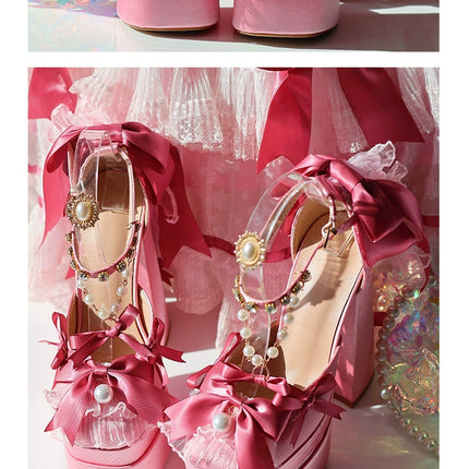 Monenjoy ピンク色 地雷系 ロリータ シューズ ブーツ 花嫁 底14cm 5.5cm ヒールパンプス かわいい アクセサリー「転売」