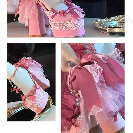 Monenjoy ピンク色 地雷系 ロリータ シューズ ブーツ 花嫁 底14cm 5.5cm ヒールパンプス かわいい アクセサリー「転売」