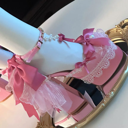 Monenjoy ピンク色 地雷系 ロリータ シューズ ブーツ 花嫁 底14cm 5.5cm ヒールパンプス かわいい アクセサリー「転売」