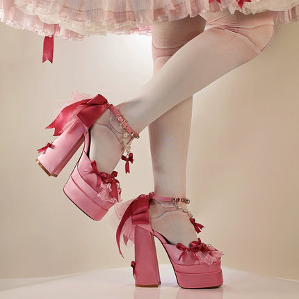 Monenjoy ピンク色 地雷系 ロリータ シューズ ブーツ 花嫁 底14cm 5.5cm ヒールパンプス かわいい アクセサリー「転売」