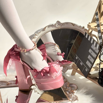 Monenjoy ピンク色 地雷系 ロリータ シューズ ブーツ 花嫁 底14cm 5.5cm ヒールパンプス かわいい アクセサリー「転売」