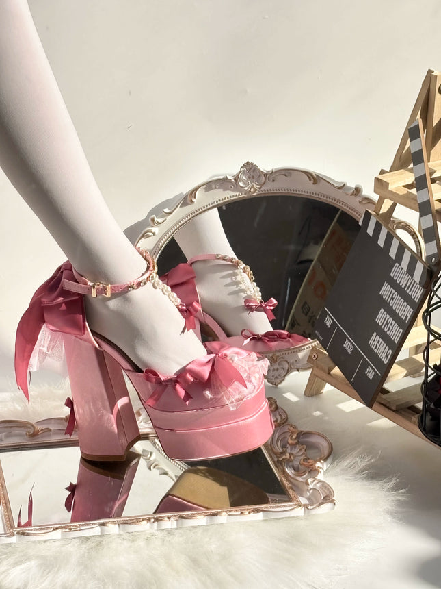 Monenjoy ピンク色 地雷系 ロリータ シューズ ブーツ 花嫁 底14cm 5.5cm ヒールパンプス かわいい アクセサリー「転売」