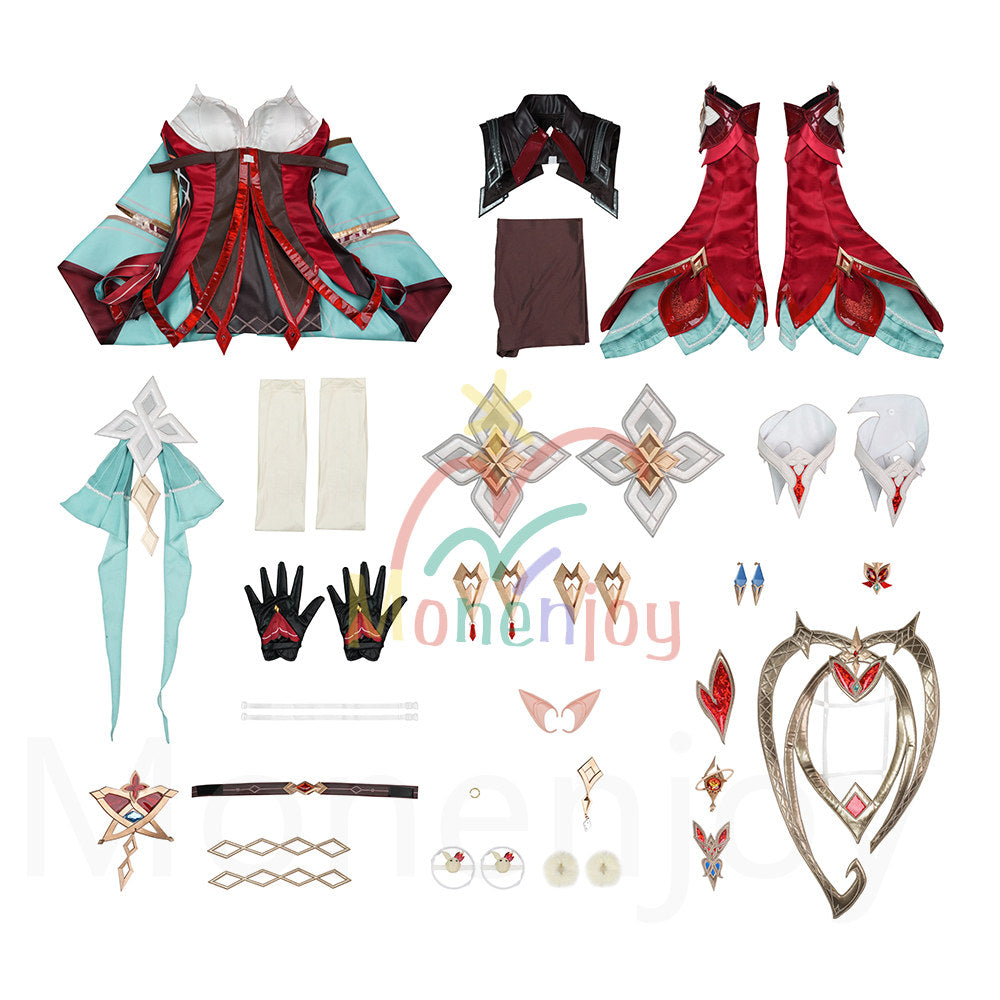 Monenjoy 原神 アリス コスプレ衣装 コスチューム 帽子付 3d樹脂製パーツ 炎元素の神の目付 ナド・クライ編 魔術師 魔女 仮装 モンド / 魔女会 MONENJOY