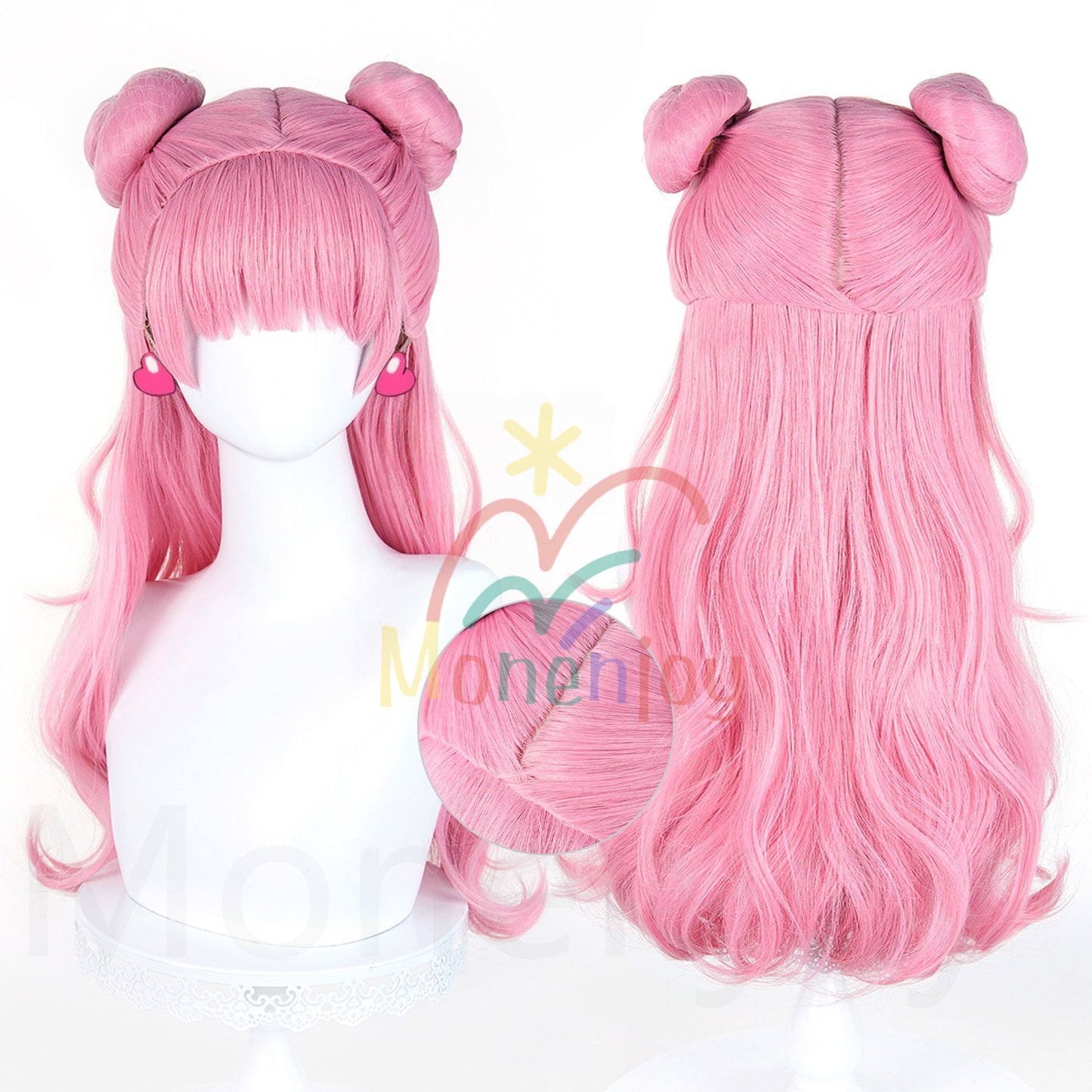 Monenjoy　正反対な君と僕 鈴木 みゆ ウィッグ　長64cm　ダブルお団子ヘア　カツラ　ピンク色　耐熱ウィッグ MONENJOY