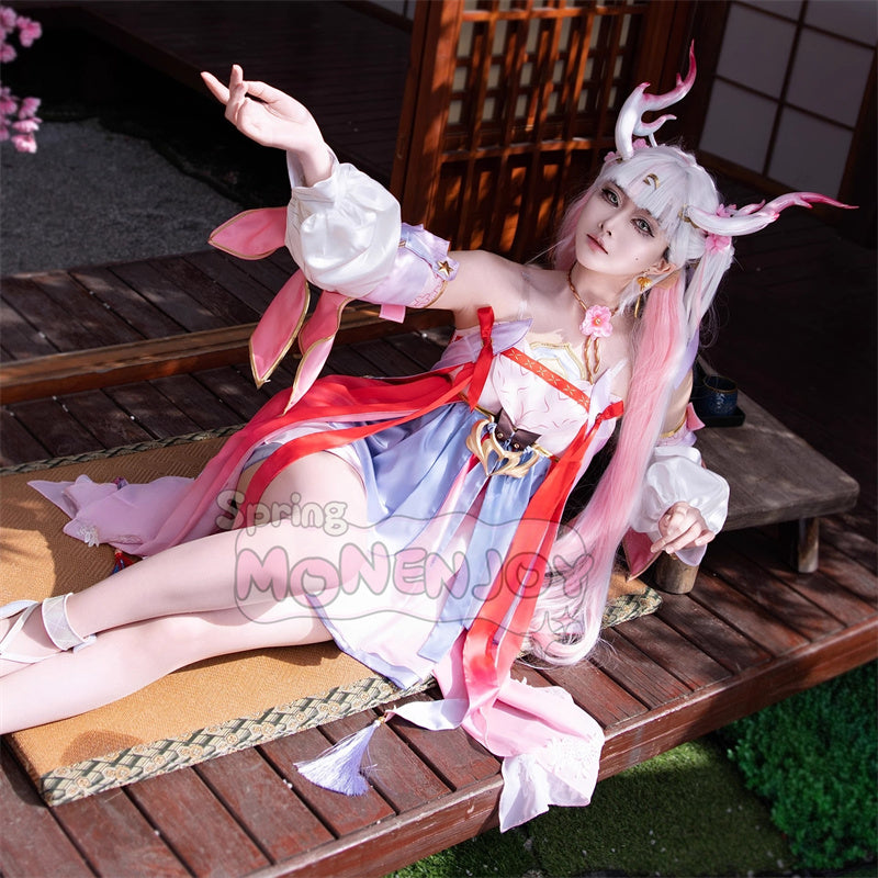 Monenjoy 鳴潮 今汐 春会い　桃の夭夭たる　 コスプレ衣装　ピンクドレス+髪飾り+首飾り付属 コスプレ/撮影イベント用