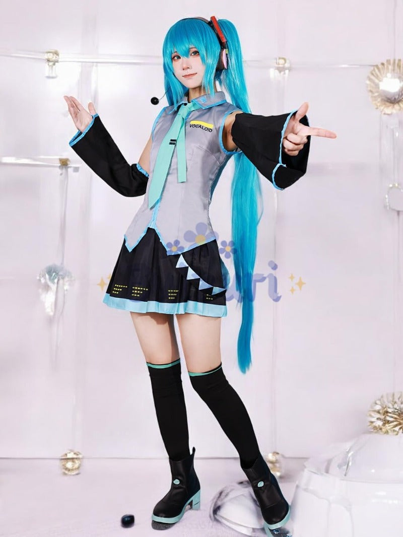 Monenjoy 初音ミク コスプレ衣装 グレー miku 公式コスチューム  ウィッグ付き 髪飾り ヘッドホン 合皮 レザー タトゥーシール 大人 歌姫 舞台服 コスチュームセット 可愛い おしゃれ