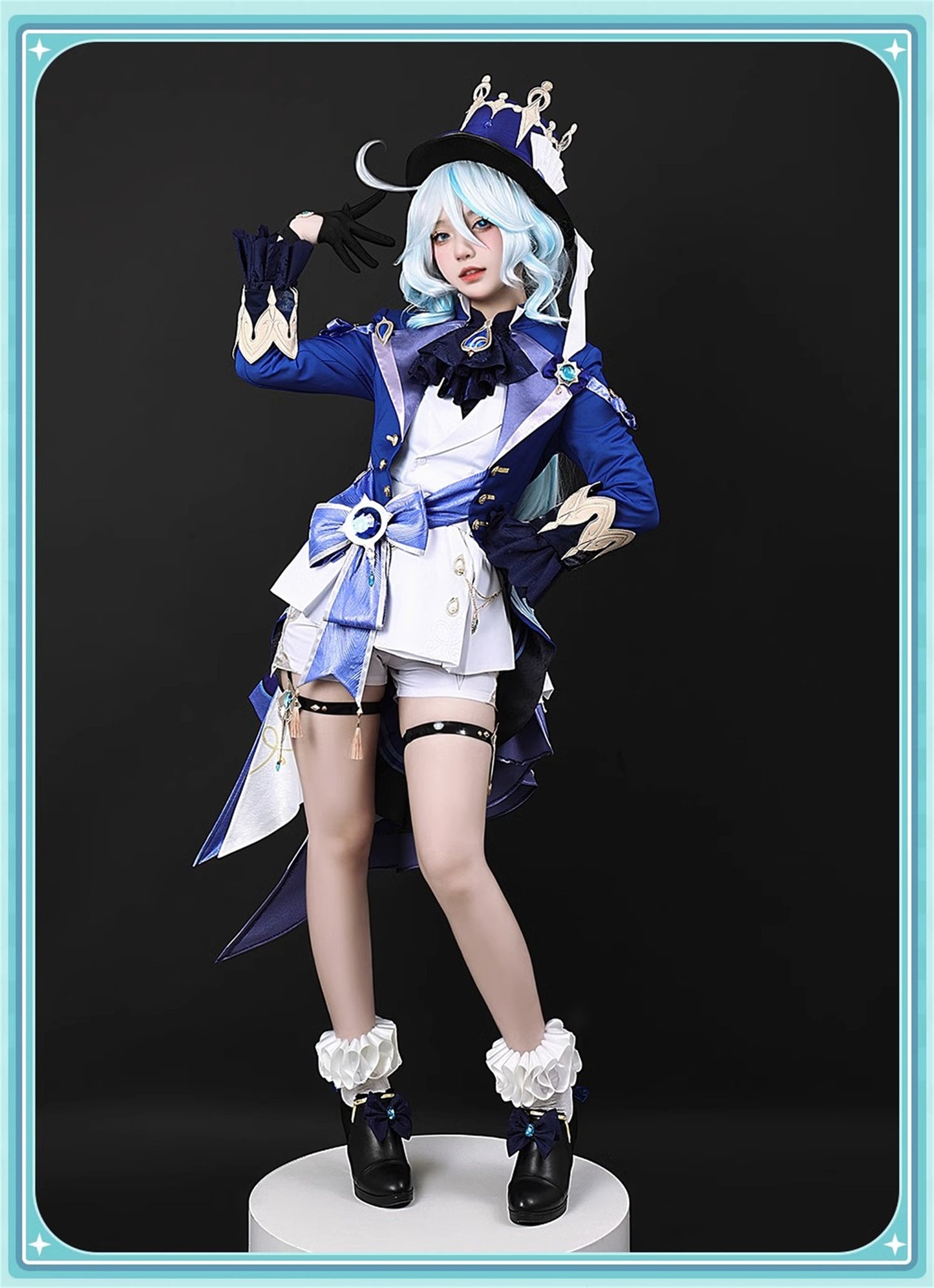 Monenjoy　原神　フォンテーヌ　 頌歌者座　フリーナ　コスプレ衣装　 不休のソリスト　金属製神の目　初期衣装ー伶優の戴冠式　 コスチューム　帽子付　 - Monenjoy