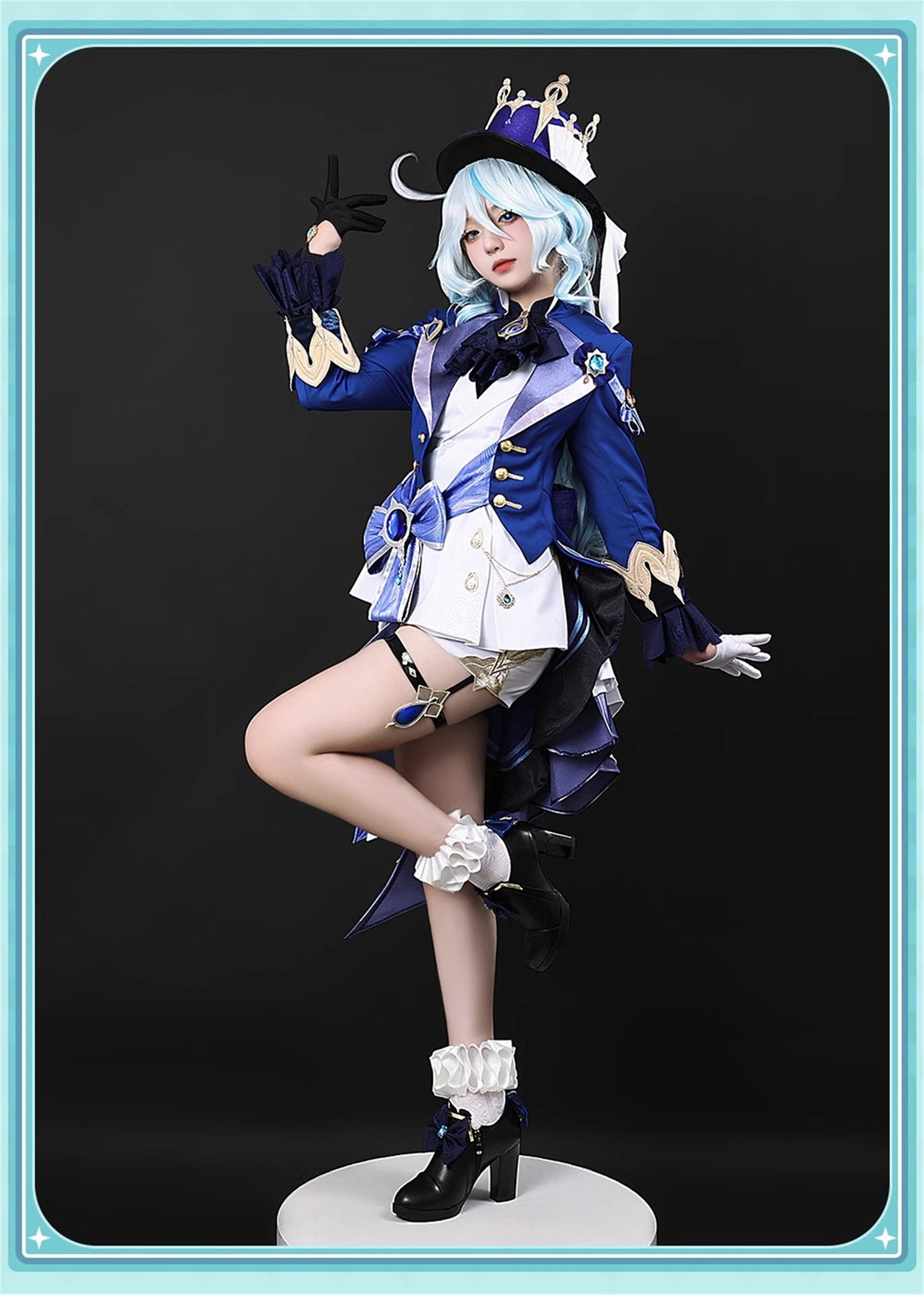 Monenjoy　原神　フォンテーヌ　 頌歌者座　フリーナ　コスプレ衣装　 不休のソリスト　金属製神の目　初期衣装ー伶優の戴冠式　 コスチューム　帽子付　 - Monenjoy