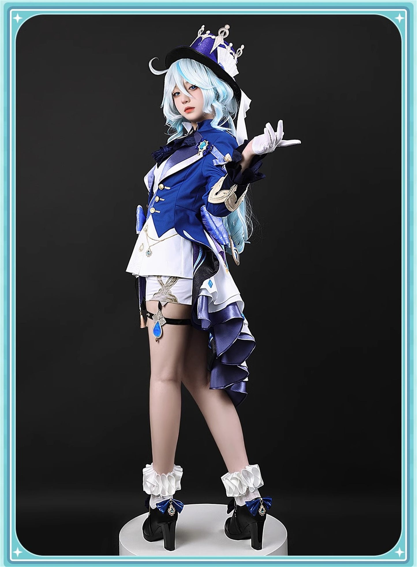 Monenjoy　原神　フォンテーヌ　 頌歌者座　フリーナ　コスプレ衣装　 不休のソリスト　金属製神の目　初期衣装ー伶優の戴冠式　 コスチューム　帽子付　 - Monenjoy