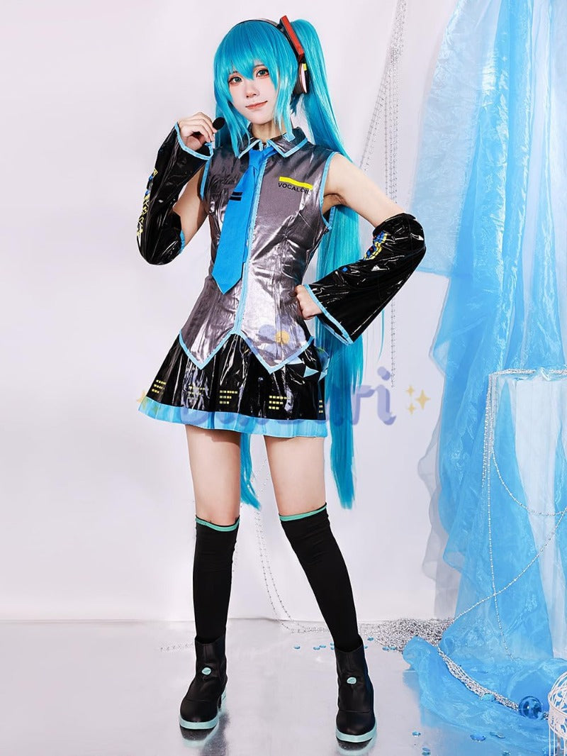 Monenjoy 初音ミク コスプレ衣装 グレー miku 公式コスチューム  ウィッグ付き 髪飾り ヘッドホン 合皮 レザー タトゥーシール 大人 歌姫 舞台服 コスチュームセット 可愛い おしゃれ