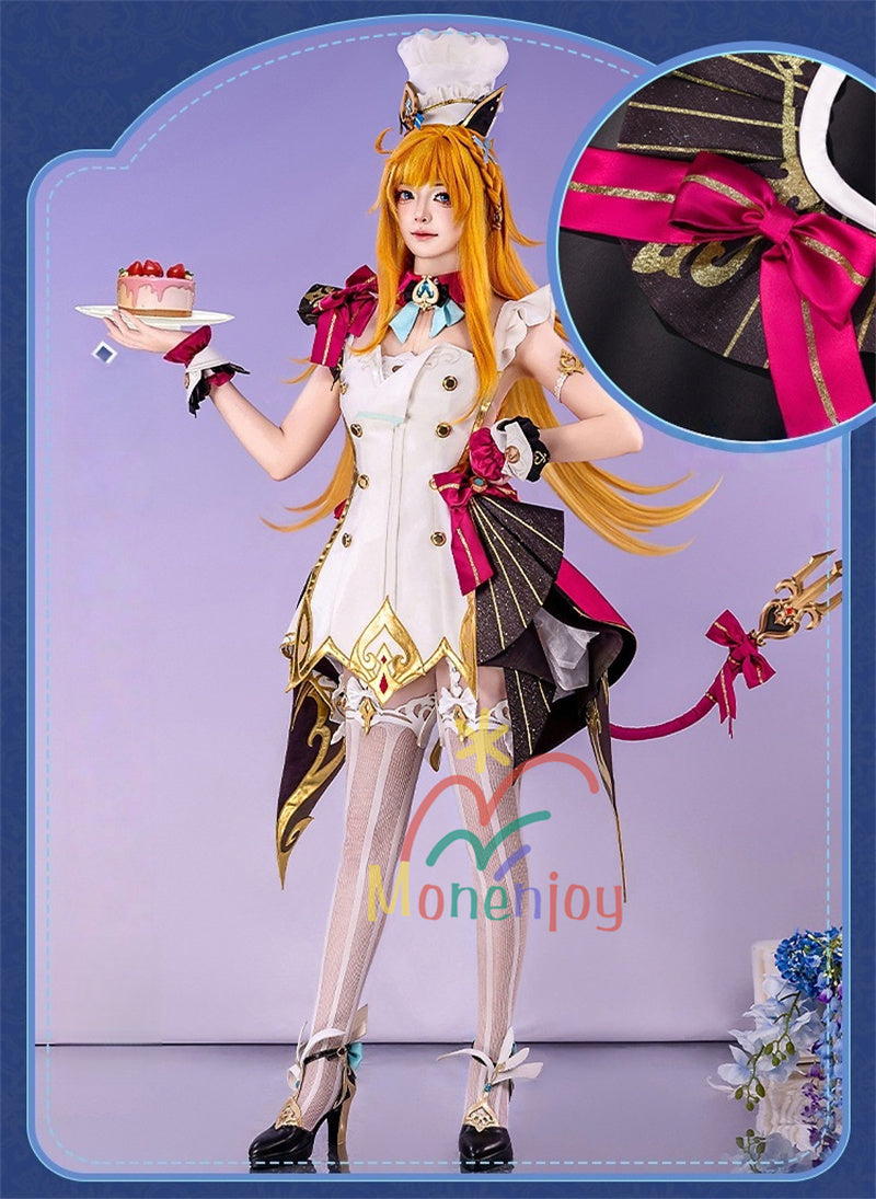 Monenjoy 原神 エスコフィエ　ワンピース　 Escoffier  コスプレ衣装 氷神の目　料理人　3d樹脂尻尾　げんしん　フォンテーヌ