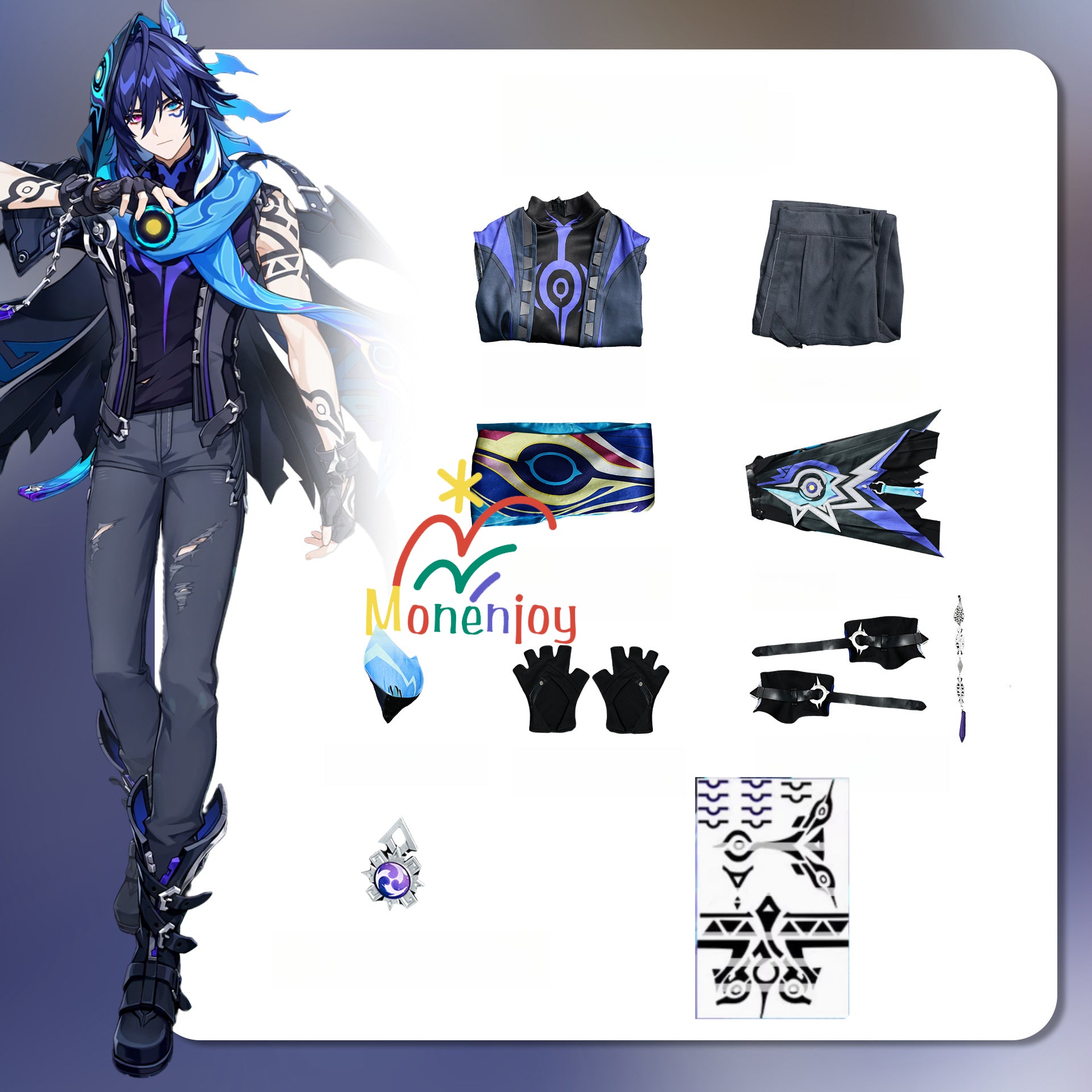 Monenjoy　 原神　オロルン　蝠翼の眼 オロルンの衣装　 Ororon 神の目 雷　3d樹脂アクセサリー＋タトゥーシール贈り　コスプレ衣装 - Monenjoy