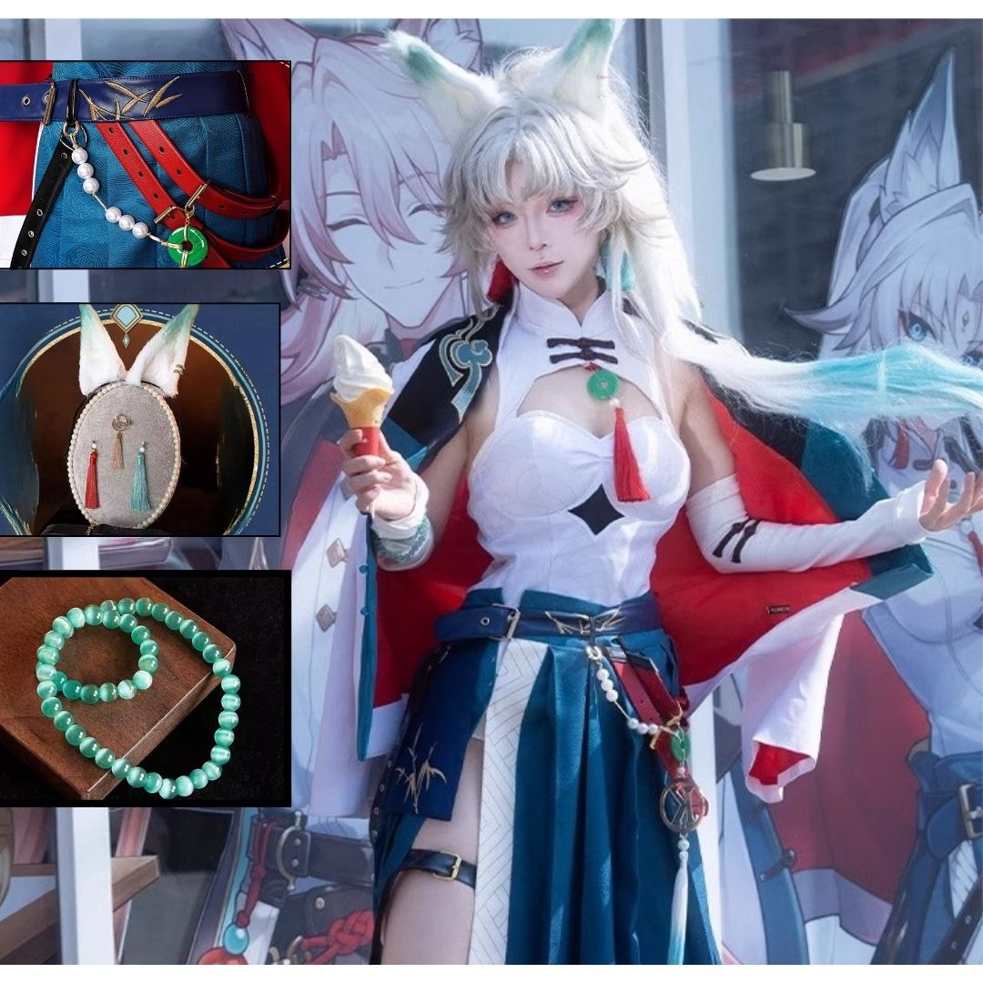 Monenjoy 崩壊スターレイル KFCコラボ 椒丘 飛霄 コスプレ衣装　耳飾り+イヤリング＋キャッツアイのブレスレット付　仙舟「曜青」の天撃将軍 　コスプレ　衣装　イベント　金属製パーツ　イベント　仮装　ハロウィン - Monenjoy