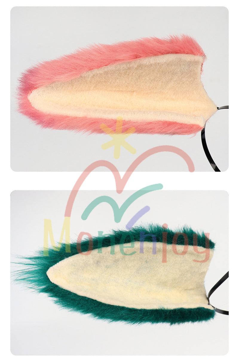 Monenjoy 原神 八重神子 きつね耳　やえみこ　ピンクと緑　コスプレ道具　ふわふわ　耳飾り＋尻尾　可愛い　萌えグッズ　猫耳 きつね耳　アクセサリー　　 - Monenjoy