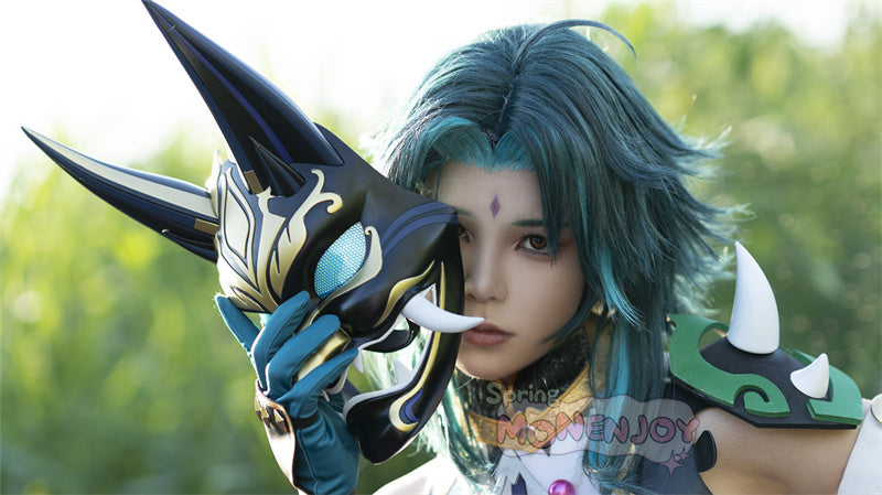 Monenjoy　原神 魈 マスク　コスプレ道具　ヘルメット　しょう　24＊20cm　角丈18cm　仮装　仮面　武器モデル