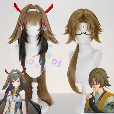 Monenjoy ゼンゼロ 葉瞬光 ＆葉釈淵 ウィッグ かつら　雲嶽山　イェー・シュンガン　コスプレ　鬘｜もみあげ50cm・追加毛束80cm｜全長70cm（グレイッシュブラウン）・特注ダークブラウンハイライト