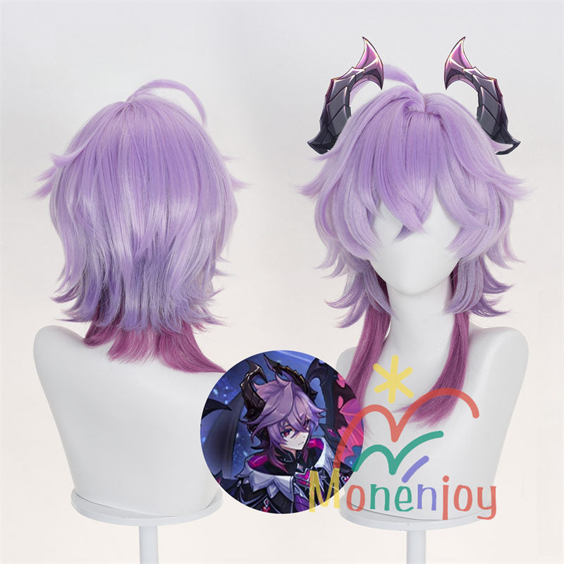 Monenjoy　原神 ドゥリン ウィッグ　長50cm　コスプレ道具　カツラ　鬘　アクセサリー　バイオレット×ルビーレッド グラデーションウィッグ　