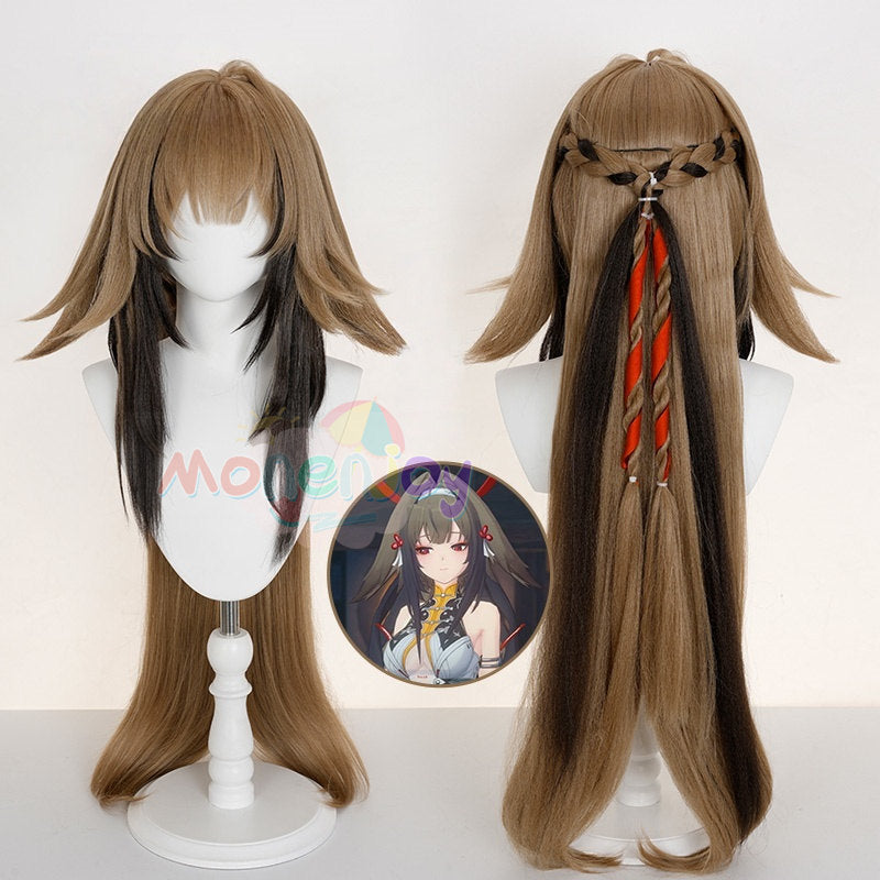 Monenjoy ゼンゼロ 葉瞬光 ＆葉釈淵 ウィッグ かつら　雲嶽山　イェー・シュンガン　コスプレ　鬘｜もみあげ50cm・追加毛束80cm｜全長70cm（グレイッシュブラウン）・特注ダークブラウンハイライト