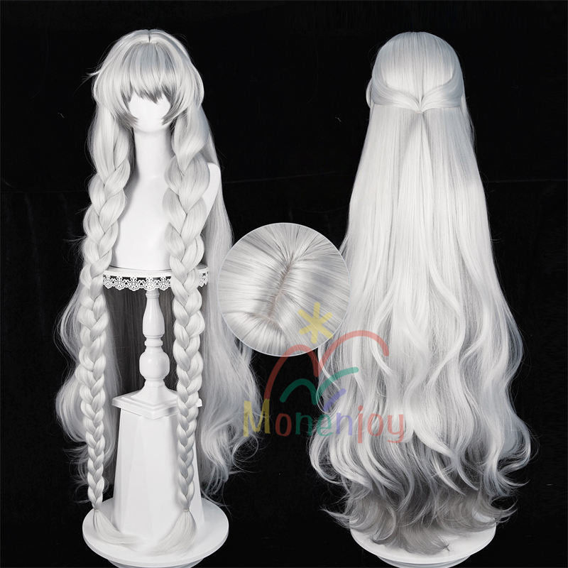Monenjoy　アークナイツ　聖聆プラマニクス 120cm ココスプレ ウィッグ　ロングウィッグ　凛御シルバーアッシュ　鬘　コスチューム　耳飾り追加　ハロウィン　クリスマス　学園祭