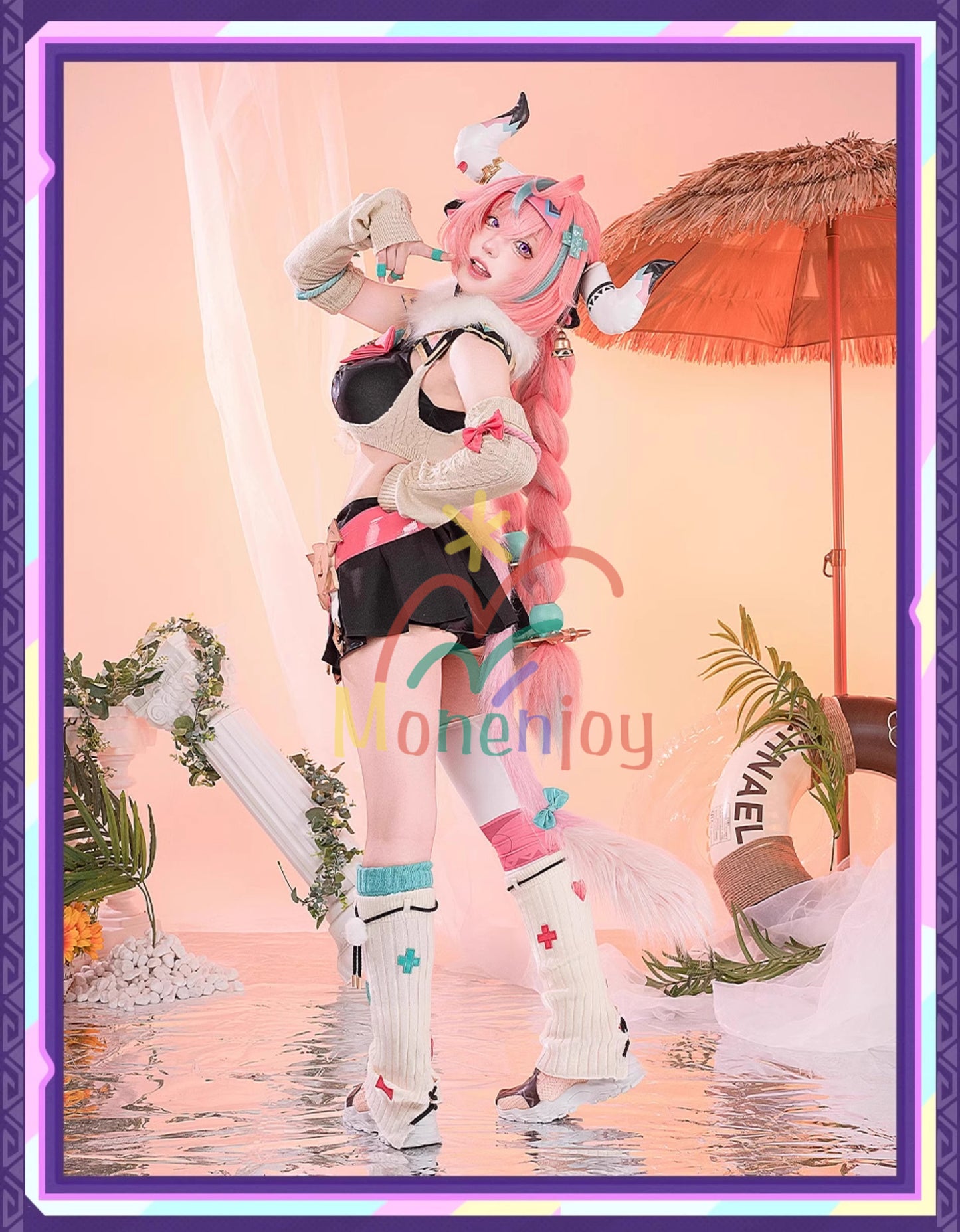 Monenjoy 原神 ヴァレサ　コスプレ衣装　髪飾り＋耳飾り付き　コスチューム　ニットアームガード　マスク＋角＋尻尾付　腿カバー付　アクセサリー　豪華衣装　イベント　仮装 - Monenjoy