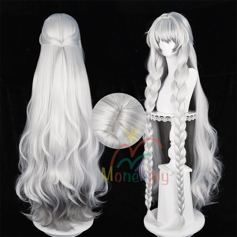 Monenjoy　アークナイツ　聖聆プラマニクス 120cm ココスプレ ウィッグ　ロングウィッグ　凛御シルバーアッシュ　鬘　コスチューム　耳飾り追加　ハロウィン　クリスマス　学園祭