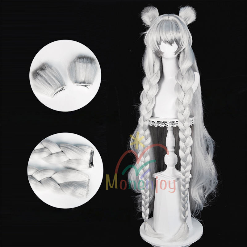 Monenjoy　アークナイツ　聖聆プラマニクス 120cm ココスプレ ウィッグ　ロングウィッグ　凛御シルバーアッシュ　鬘　コスチューム　耳飾り追加　ハロウィン　クリスマス　学園祭