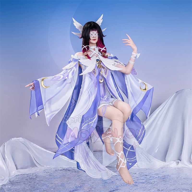 Monenjoy 原神 コロンビーナ 少女　コスチューム コスプレ衣装　　髪飾り＋アイマスク付　3ｄ樹脂製パーツ 執行官 月の少女 Damselette Columbina コスプレ衣装