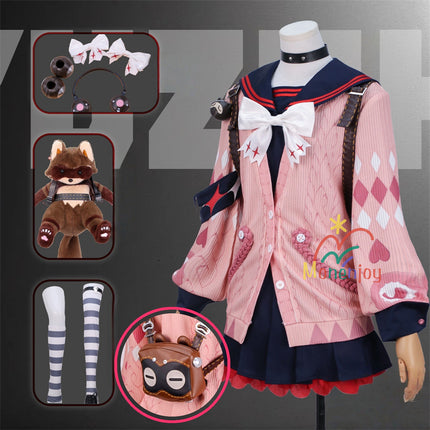 Monenjoy Zenless Zone Zero Ukinami Yuzuha Cosplay Costume Kaidanya Sailor Uniform with Bag + Hair Accessory Set Ukinami Yuzuha Mini Skirt Tanuki Tail Kamachi Added Event Toy Tanuki Plush Toy Can Be Added Separately