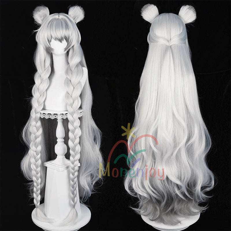 Monenjoy　アークナイツ　聖聆プラマニクス 120cm ココスプレ ウィッグ　ロングウィッグ　凛御シルバーアッシュ　鬘　コスチューム　耳飾り追加　ハロウィン　クリスマス　学園祭