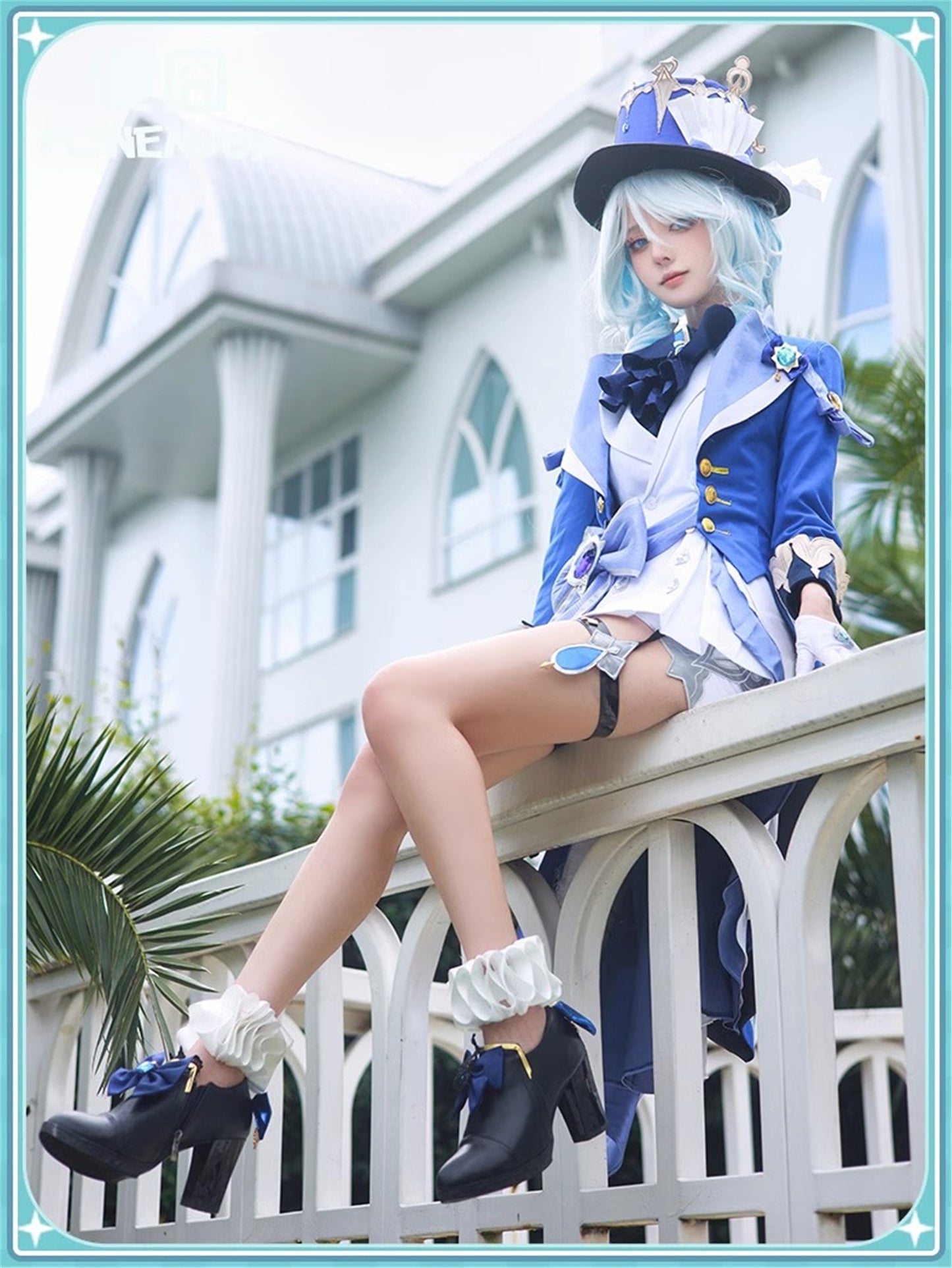 Monenjoy　原神　フォンテーヌ　 頌歌者座　フリーナ　コスプレ衣装　 不休のソリスト　金属製神の目　初期衣装ー伶優の戴冠式　 コスチューム　帽子付　 - Monenjoy