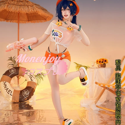 Monenjoy ZenZero Rin Summer Blue Sky ชุดคอสเพลย์พร้อมหมวกและต่างหู ชุดว่ายน้ำ และชุดแต่งกาย สินค้าอนิเมะสุดเก๋ 