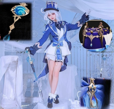 Monenjoy　原神　フォンテーヌ　 頌歌者座　フリーナ　コスプレ衣装　 不休のソリスト　金属製神の目　初期衣装ー伶優の戴冠式　 コスチューム　帽子付　 - Monenjoy