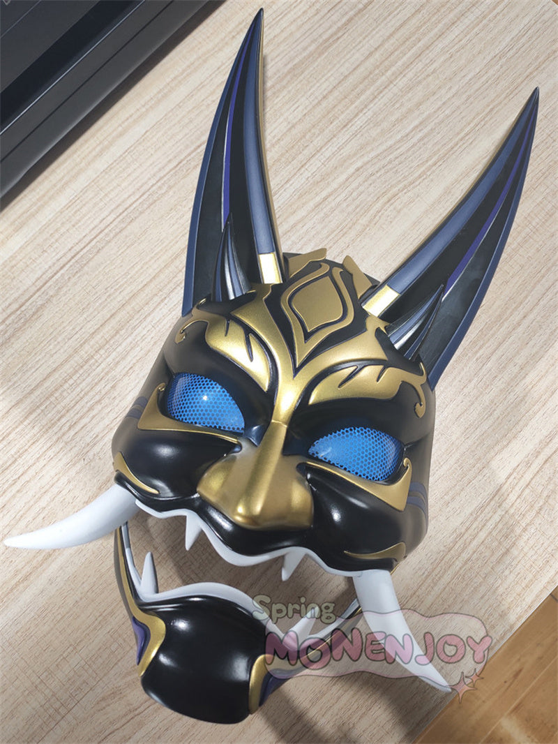 Monenjoy　原神 魈 マスク　コスプレ道具　ヘルメット　しょう　24＊20cm　角丈18cm　仮装　仮面　武器モデル