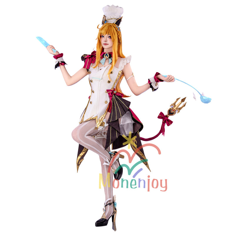 Monenjoy 原神 エスコフィエ　ワンピース　 Escoffier  コスプレ衣装 氷神の目　料理人　3d樹脂尻尾　げんしん　フォンテーヌ