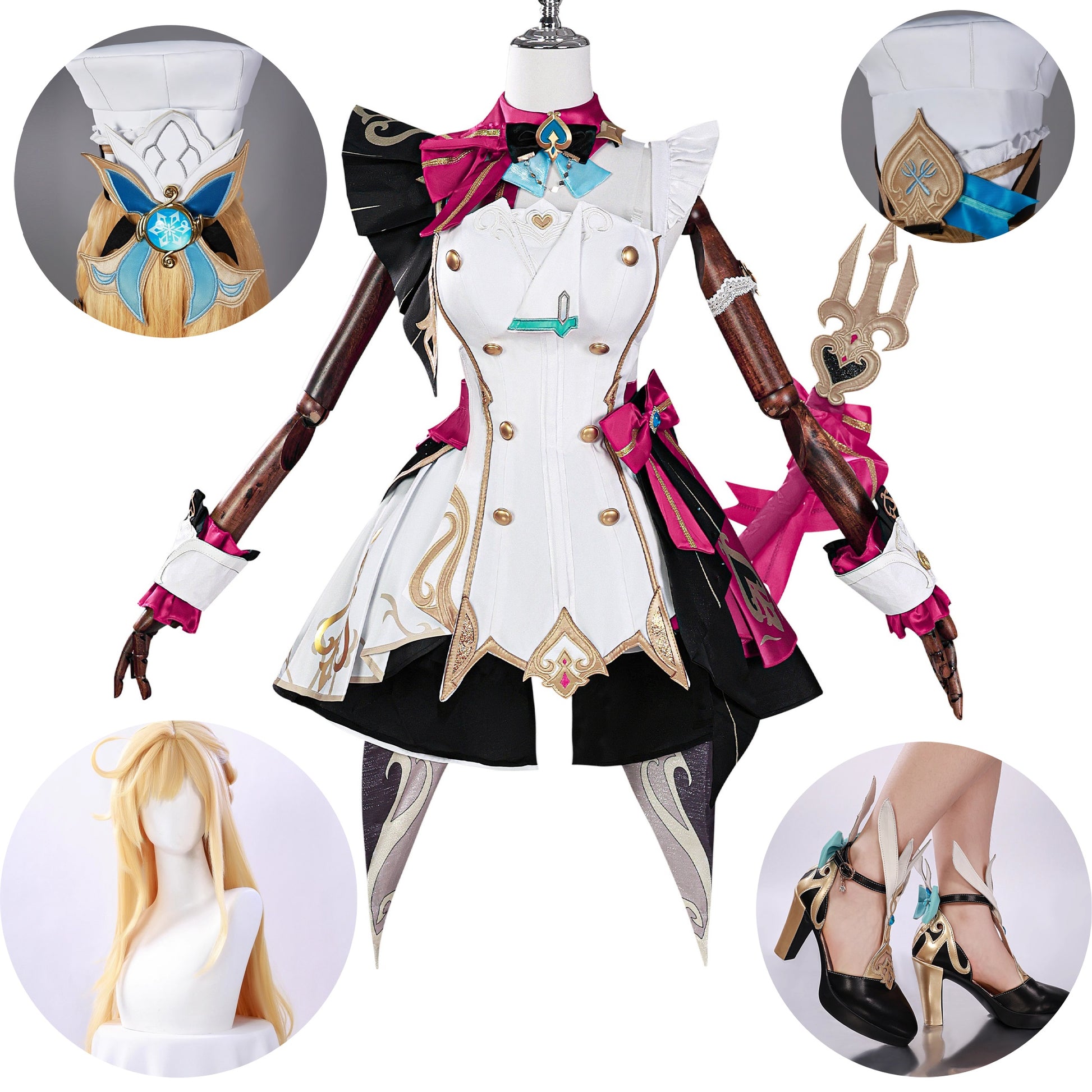 Monenjoy 原神　エスコフィエ　コスプレ衣装　 Escoffier　コスチューム　ワンピース　洋服　帽子付　3d樹脂アクセサリー　G1199 - Monenjoy
