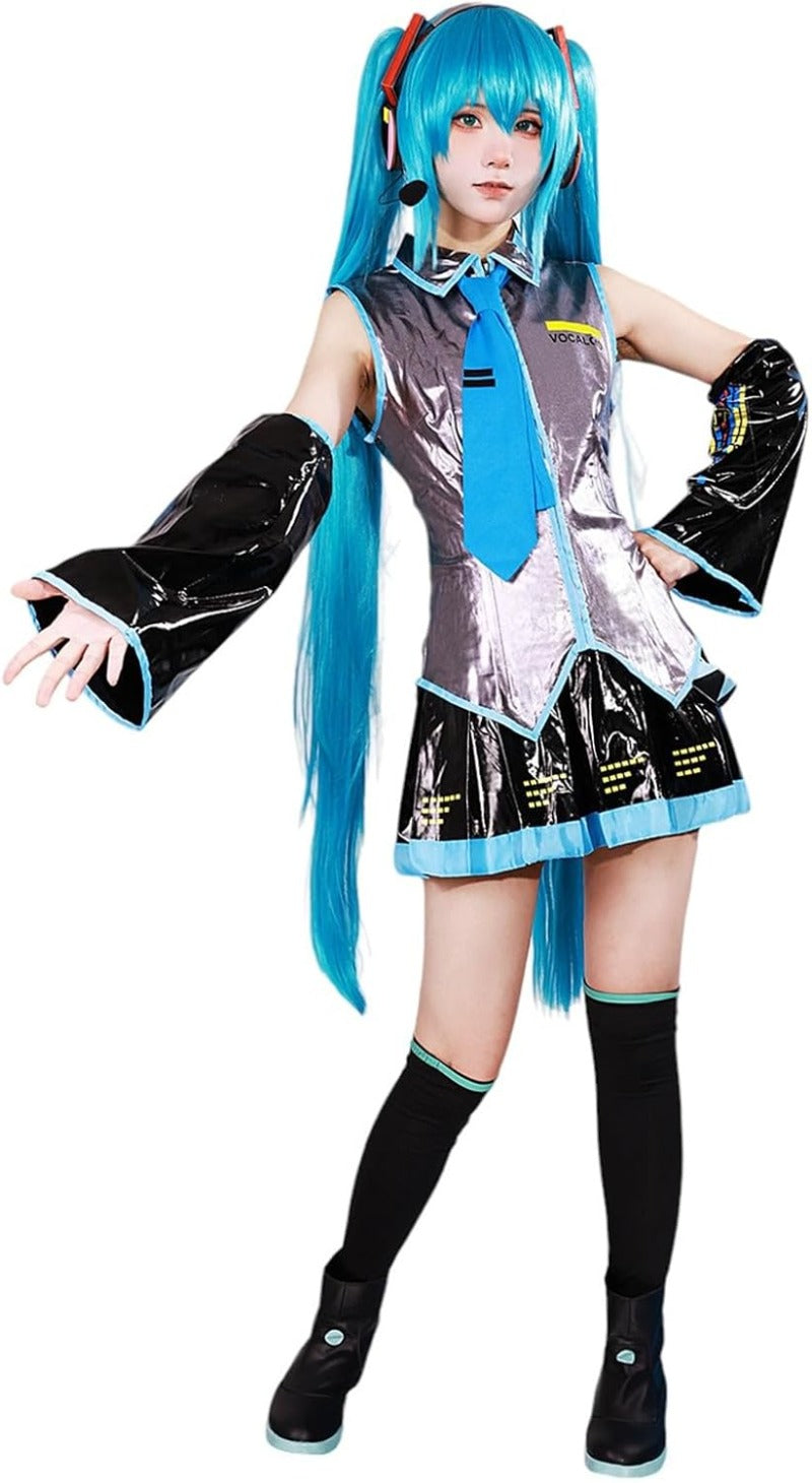 Monenjoy 初音ミク コスプレ衣装 グレー miku 公式コスチューム  ウィッグ付き 髪飾り ヘッドホン 合皮 レザー タトゥーシール 大人 歌姫 舞台服 コスチュームセット 可愛い おしゃれ