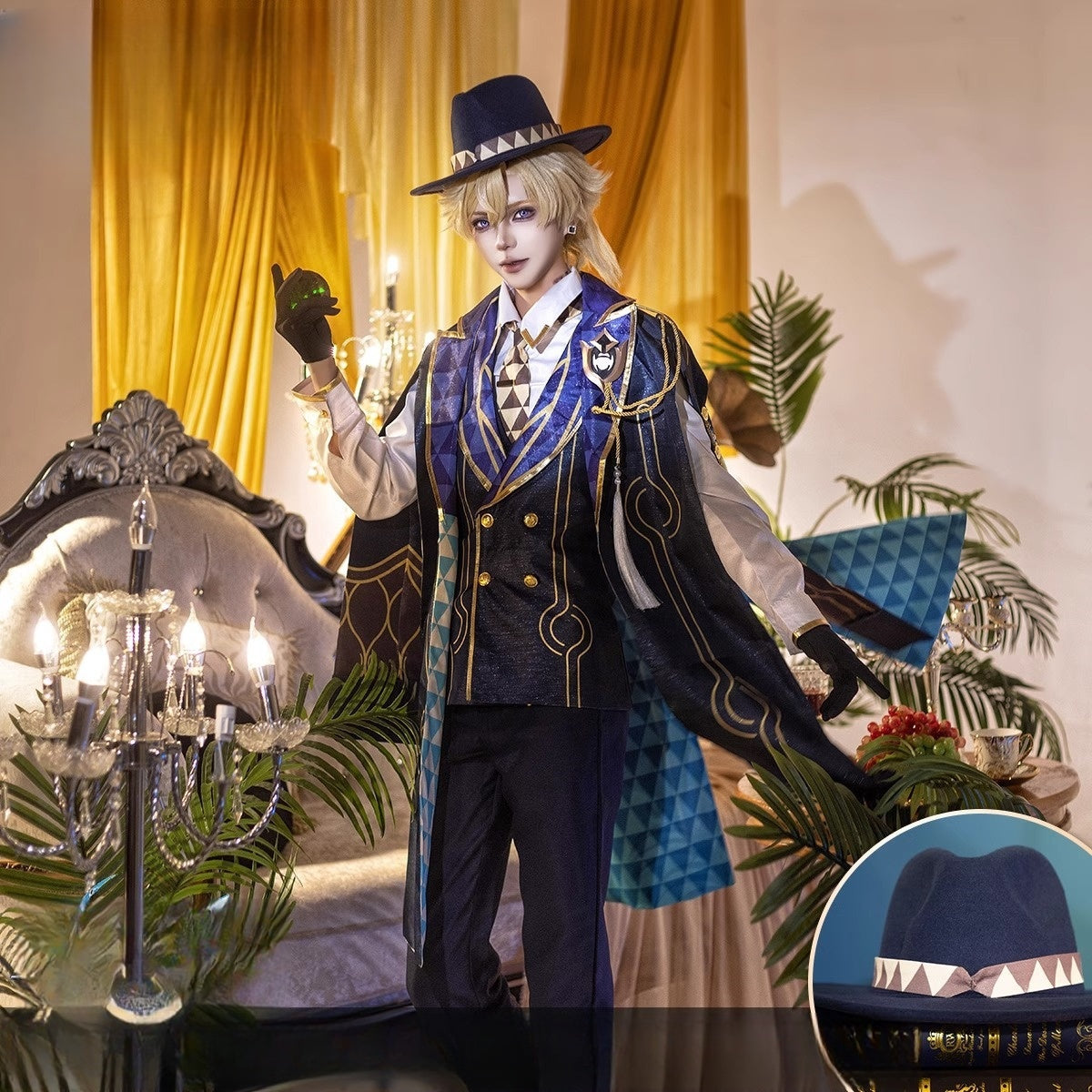 Monenjoy 崩壊スターレイル アベンチュリン コスプレ衣装　礼服　スーツ　帽子＋イヤリング＋タトゥーシール付　コイン道具3枚贈り　イベント　博戯の砂金石　仮装　ハロウィン - Monenjoy