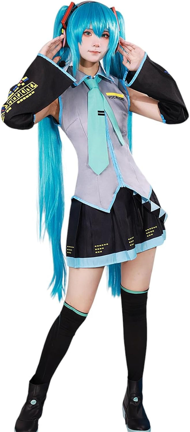 Monenjoy 初音ミク コスプレ衣装 グレー miku 公式コスチューム  ウィッグ付き 髪飾り ヘッドホン 合皮 レザー タトゥーシール 大人 歌姫 舞台服 コスチュームセット 可愛い おしゃれ